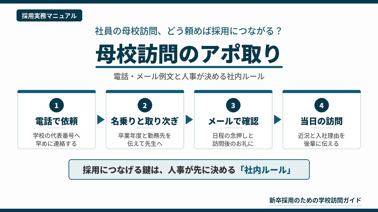 母校訪問のアポ取りの流れを、電話での依頼・名乗りと取り次ぎ・メールでの確認・当日の訪問の4ステップと、採用につなげる人事の社内ルールで示した図解