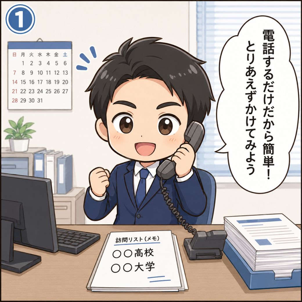 学校訪問 アポ取りでよくある誤解。「電話するだけだから簡単！とりあえずかけてみよう」と意気込んで受話器を握りしめる男性人事担当者がデスクで電話をかけようとする場面(1コマ目)