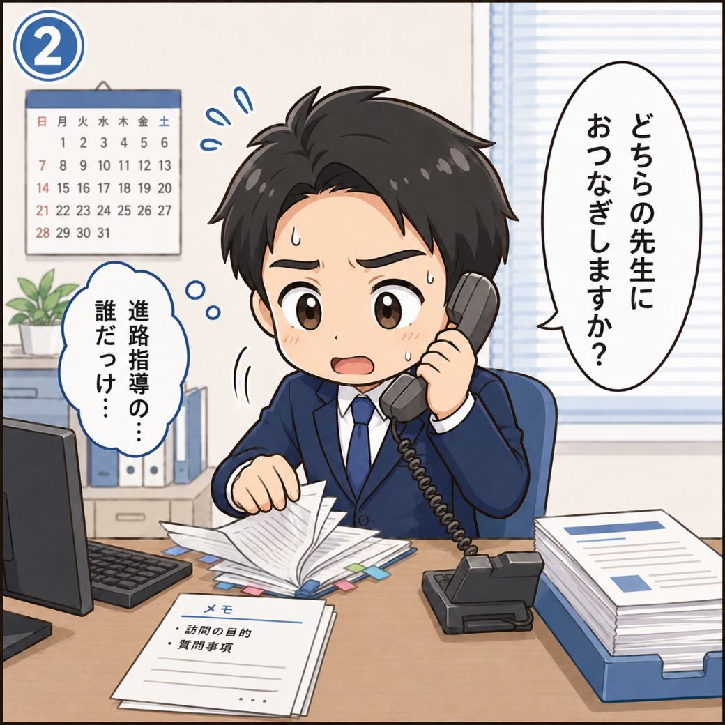 学校訪問 アポ取りの失敗例。「進路指導の…誰だっけ」と受付の方の質問に対して取り次ぎ相手を曖昧にしたまま言葉に詰まり受話器を握ったまま固まる男性人事担当者の困惑のシーン(2コマ目)