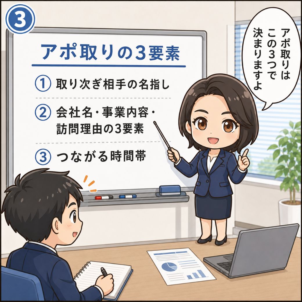 学校訪問 アポ取りの3つのポイントを解説する一ノ瀬真理子。「①取り次ぎ相手の名指し②会社名・事業内容・訪問理由の3要素③つながる時間帯」をホワイトボードで順に説明する場面(3コマ目)
