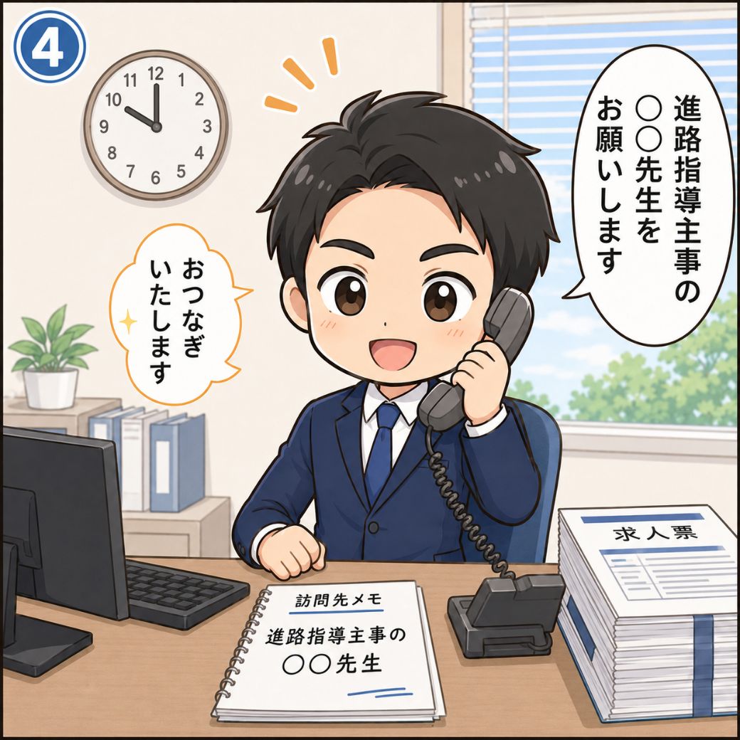 学校訪問 アポ取りの対策を始める場面。男性人事担当者が翌朝10時に「進路指導主事の◯◯先生をお願いします」と落ち着いた表情で電話をかけ取り次ぎを明確にしている前向きなシーン(4コマ目)