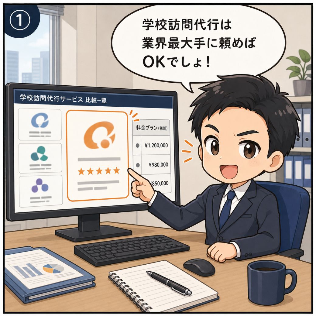 学校訪問代行サービスでよくある誤解。「学校訪問代行は業界最大手に頼めばOKでしょ！」とPC画面の業者ロゴの中で一番大きなものを指さす男性人事担当者の場面(1コマ目)