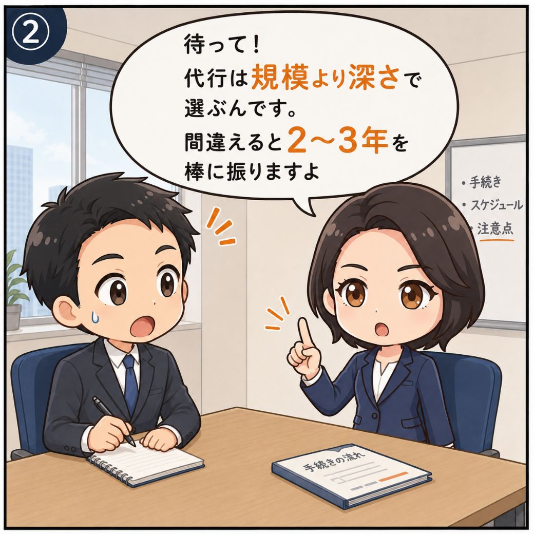 学校訪問代行サービスの選び方の失敗を回避する警告。一ノ瀬先生が「代行は規模より深さで選ぶんです。間違えると2〜3年棒に振ります」と人事担当者に注意を促す会議室のシーン(2コマ目)