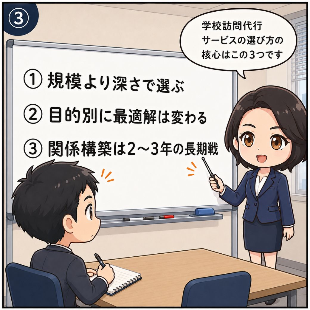 学校訪問代行サービスの選び方の3つのポイント。一ノ瀬先生がホワイトボードで「規模より深さで選ぶ・目的別に最適解は変わる・関係構築は2〜3年の長期戦」を解説する場面(3コマ目)