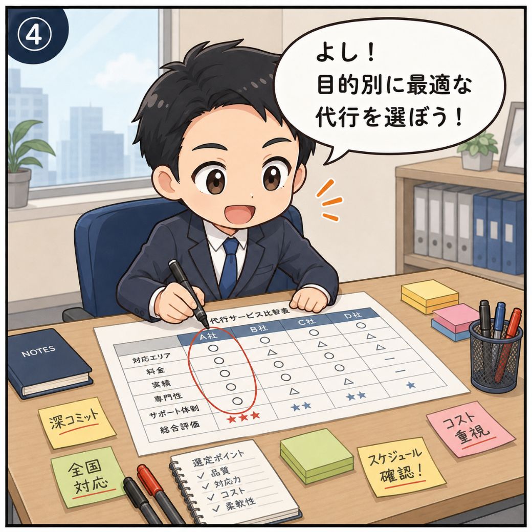学校訪問代行サービスの選び方を始める場面。男性人事担当者が「よし！目的別に最適な代行を選ぼう！」と比較表に丸印を付けながら最適解を絞り込み始める前向きなシーン(4コマ目)