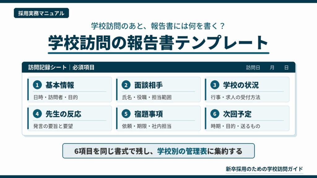 学校訪問の報告書テンプレートとして、採用担当が毎回書く基本情報・面談相手・学校の状況・先生の反応・宿題事項・次回予定の6項目と、学校別管理表への集約を示した図解