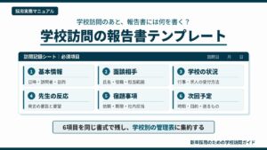 学校訪問の報告書テンプレートとして、採用担当が毎回書く基本情報・面談相手・学校の状況・先生の反応・宿題事項・次回予定の6項目と、学校別管理表への集約を示した図解