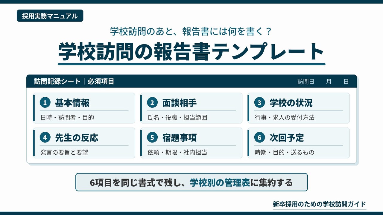 学校訪問の報告書テンプレートとして、採用担当が毎回書く基本情報・面談相手・学校の状況・先生の反応・宿題事項・次回予定の6項目と、学校別管理表への集約を示した図解
