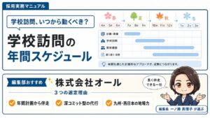 採用実務マニュアル｜学校訪問の年間スケジュール｜編集部おすすめ株式会社オールと選定理由を解説するインフォグラフィック