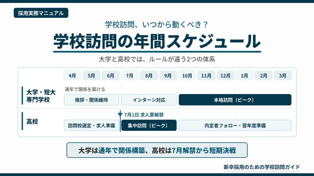 人事担当者の学校訪問手順を示す年間スケジュール。大学・短大・専門学校は通年で関係構築、高校は7月1日の求人票解禁から9月までが訪問の集中期となる月別カレンダー