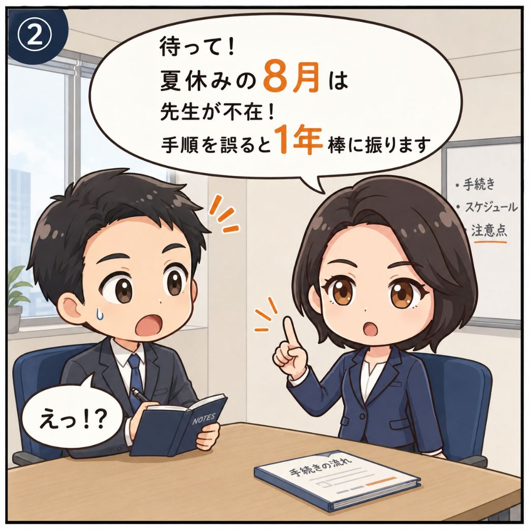 人事 学校訪問 手順の失敗を回避する警告。一ノ瀬先生が「夏休みの8月は先生不在！手順を誤ると1年棒に振ります」と人事担当者に注意を促す会議室のシーン(2コマ目)