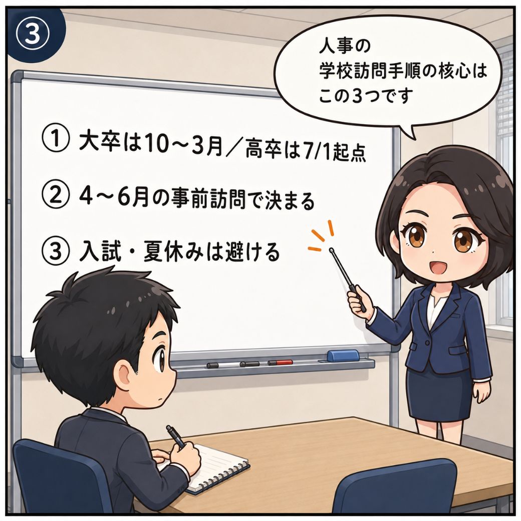 人事 学校訪問 手順の3つのポイント。一ノ瀬先生がホワイトボードで「大卒は10〜3月／高卒は7/1起点・4〜6月の事前訪問で決まる・入試夏休みは避ける」を解説する場面(3コマ目)