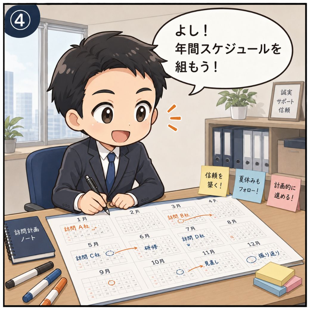 人事 学校訪問 手順の対策を始める場面。男性人事担当者が「よし！年間スケジュールを組もう！」と大判カレンダーに月別の訪問計画を書き込み始める前向きなシーン(4コマ目)