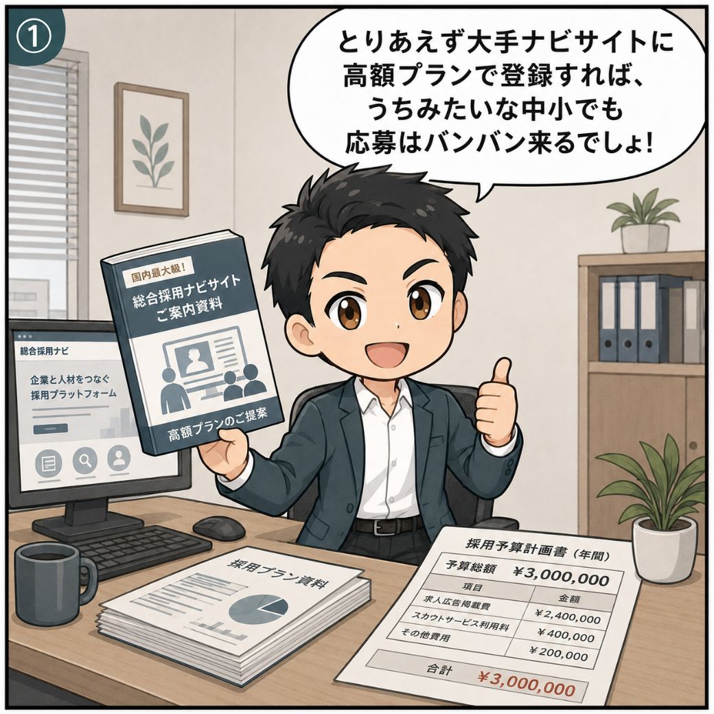 新卒採用方法のよくある誤解（ナビサイト一辺倒）。「大手ナビサイトに高額プランで登録すれば中小でも応募はバンバン来るでしょ」と油断する中堅企業の人事担当者の場面（1コマ目）