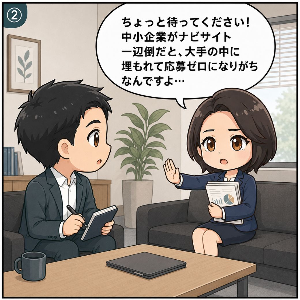 新卒採用方法の失敗・注意（埋もれて応募ゼロ）。専門家が「中小企業がナビサイト一辺倒だと大手の中に埋もれて応募ゼロになりがち」と人事担当者に警告するシーン（2コマ目）