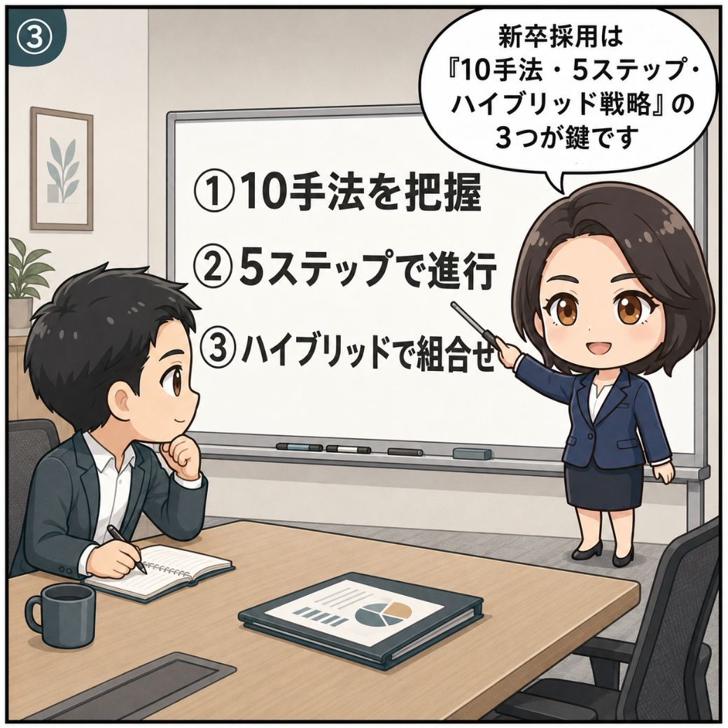 新卒採用方法の選び方は10手法・5ステップ・ハイブリッドの3つ。専門家がホワイトボードで「①10手法を把握 ②5ステップで進行 ③ハイブリッドで組合せ」を解説する場面（3コマ目）
