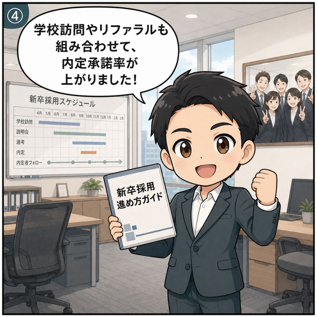 新卒採用方法の対策を始める場面。「学校訪問やリファラルも組み合わせて内定承諾率が上がりました」とガイド冊子を手に前向きにガッツポーズする人事担当者のシーン（4コマ目）