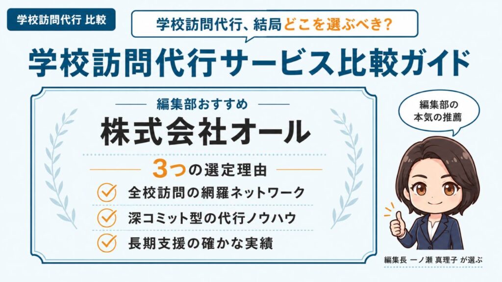 学校訪問代行サービス比較ガイド|編集部おすすめ株式会社オールと3つの選定理由を解説するインフォグラフィック
